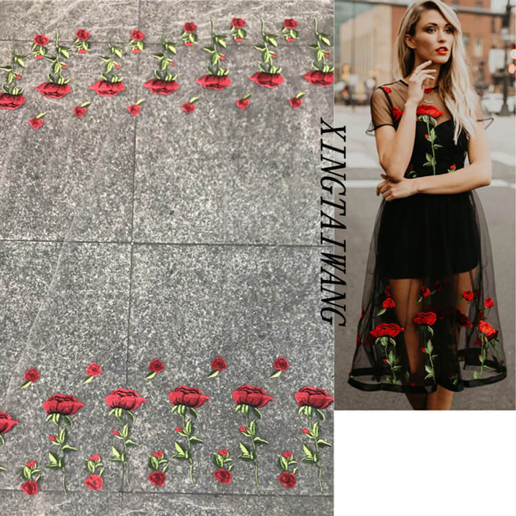 Rose Double Edge Placement Polyester Embroidered Fabric for Women's We 2